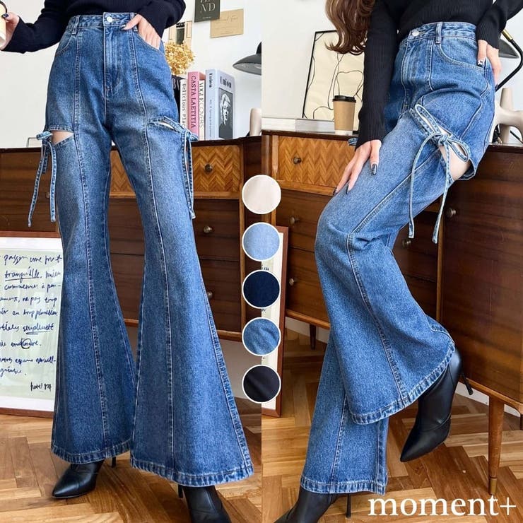 新品タグ付き　サイドリボンカットアウトフレアデニムパンツ INGNI（イング）の「【WEB限定】サイドリボンカットアウトフレア