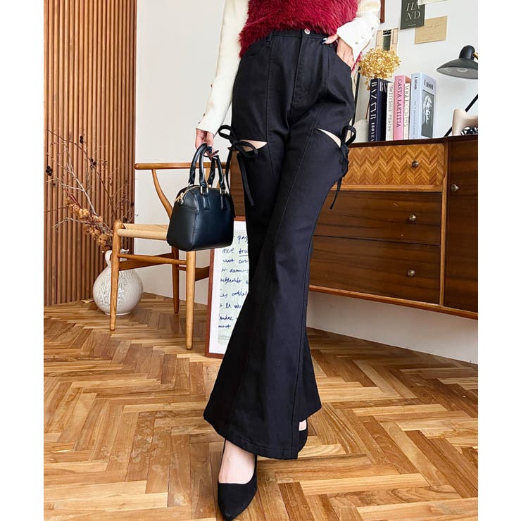 デニム＆ツイルカットアウトリボンフレアパンツ | moment+ | 詳細画像10 