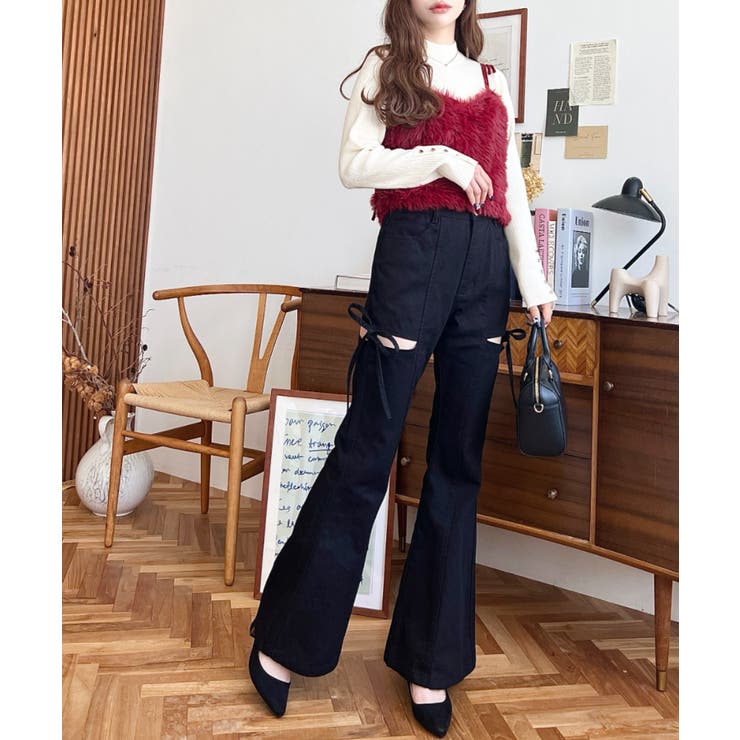 デニム＆ツイルカットアウトリボンフレアパンツ | moment+ | 詳細画像17 