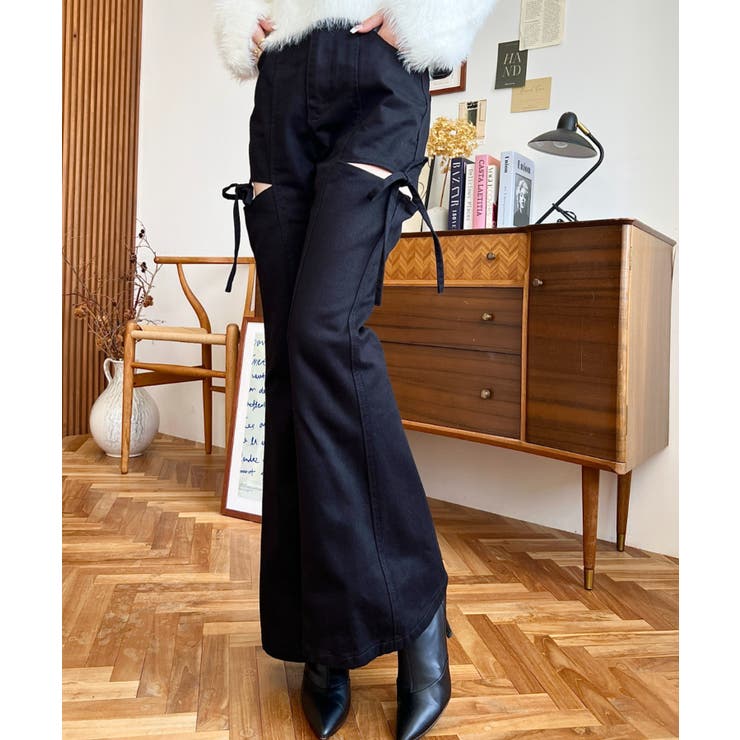 デニム＆ツイルカットアウトリボンフレアパンツ | moment+ | 詳細画像18 