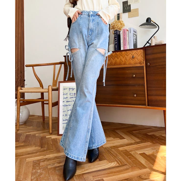 デニム＆ツイルカットアウトリボンフレアパンツ | moment+ | 詳細画像25 