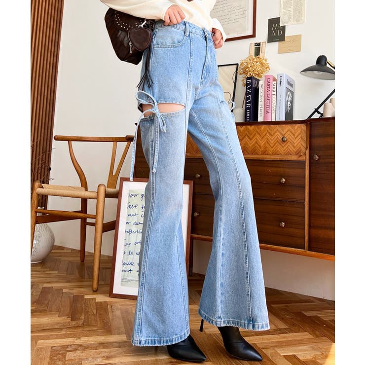 デニム＆ツイルカットアウトリボンフレアパンツ | moment+ | 詳細画像27 