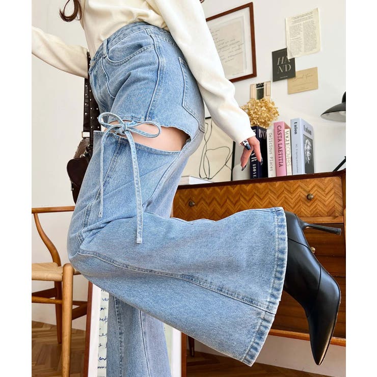 デニム＆ツイルカットアウトリボンフレアパンツ | moment+ | 詳細画像28 