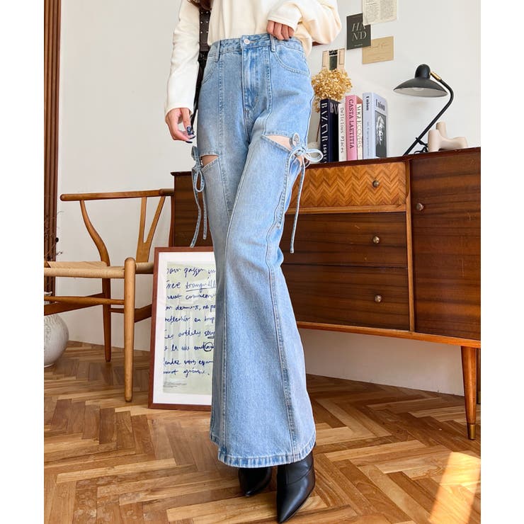 デニム＆ツイルカットアウトリボンフレアパンツ | moment+ | 詳細画像29 