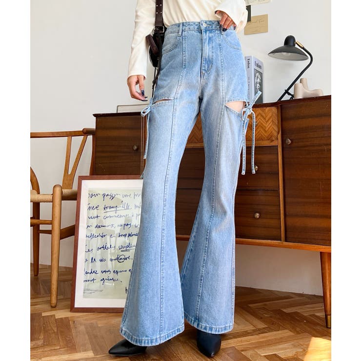 デニム＆ツイルカットアウトリボンフレアパンツ | moment+ | 詳細画像30 