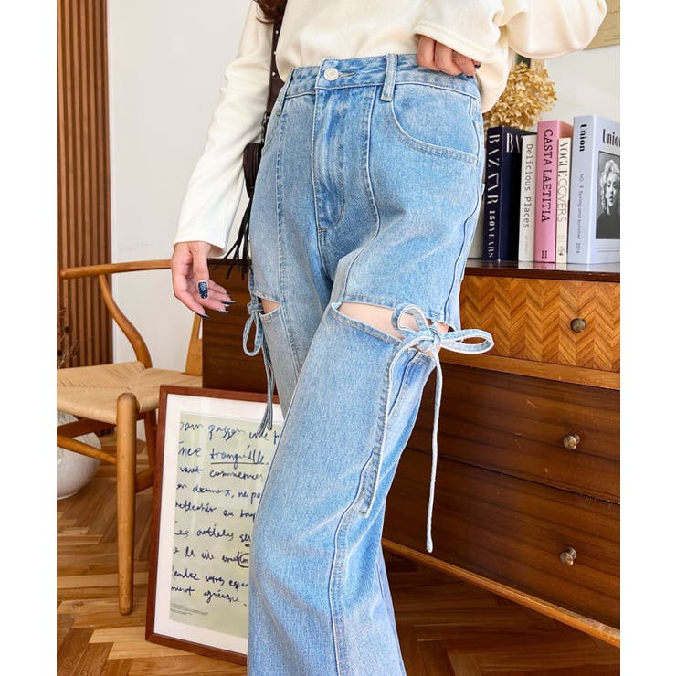 デニム＆ツイルカットアウトリボンフレアパンツ | moment+ | 詳細画像33 