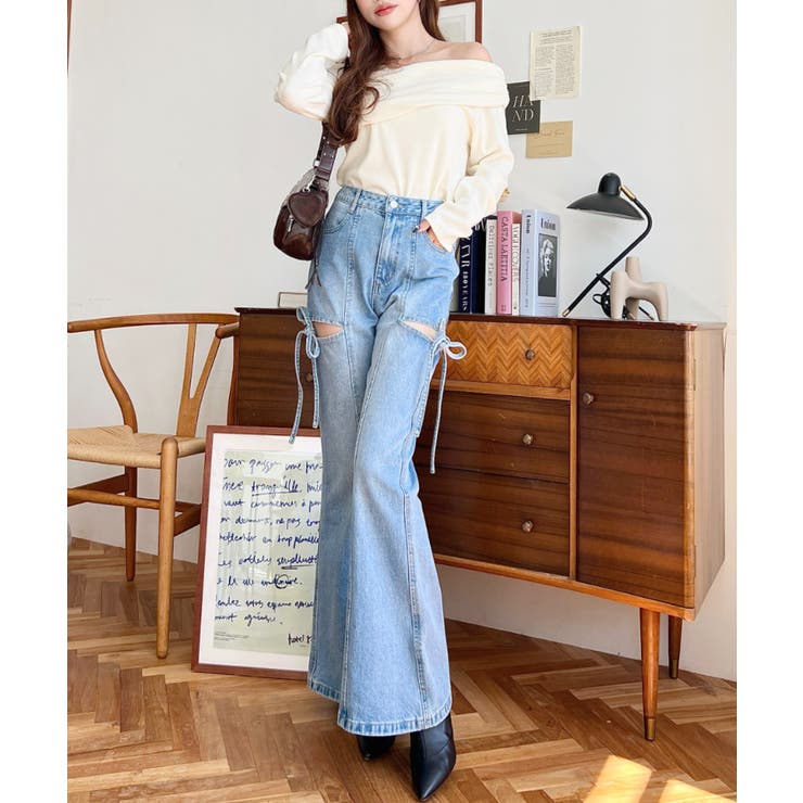 デニム＆ツイルカットアウトリボンフレアパンツ | moment+ | 詳細画像35 