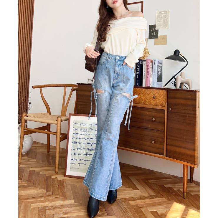 デニム＆ツイルカットアウトリボンフレアパンツ | moment+ | 詳細画像36 