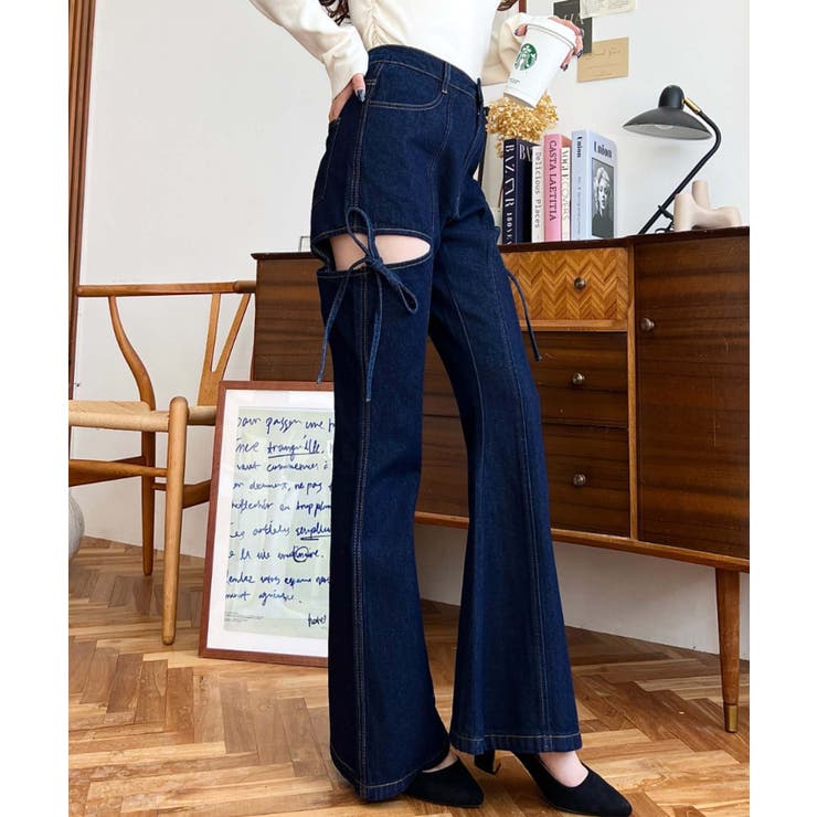 デニム＆ツイルカットアウトリボンフレアパンツ | moment+ | 詳細画像38 