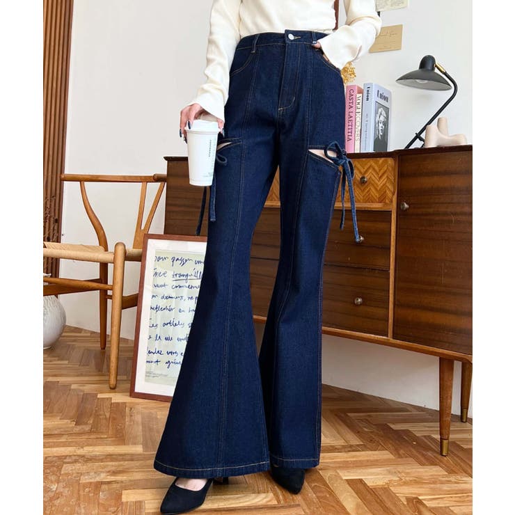 デニム＆ツイルカットアウトリボンフレアパンツ | moment+ | 詳細画像39 