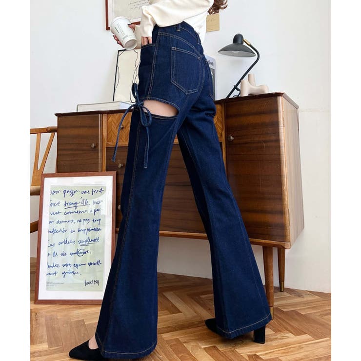 デニム＆ツイルカットアウトリボンフレアパンツ | moment+ | 詳細画像41 