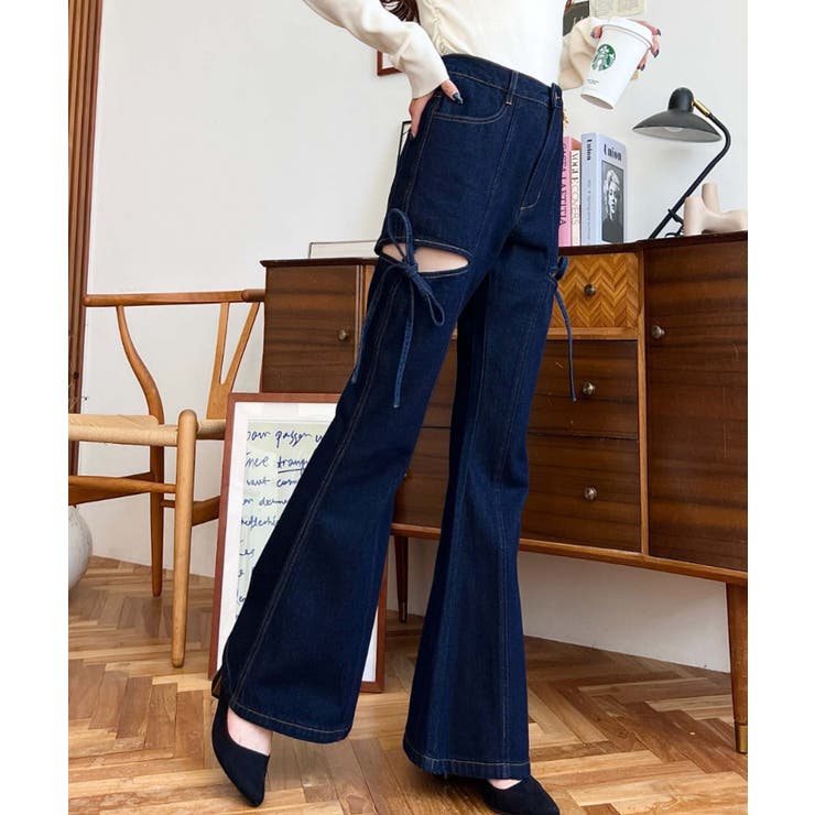 デニム＆ツイルカットアウトリボンフレアパンツ | moment+ | 詳細画像42 