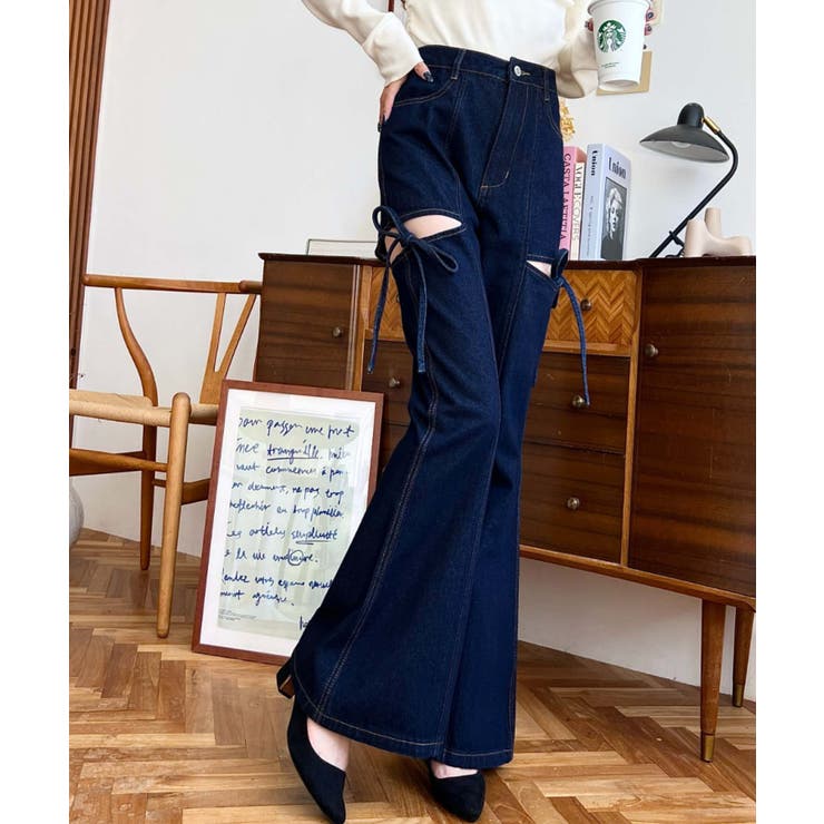 デニム＆ツイルカットアウトリボンフレアパンツ | moment+ | 詳細画像43 