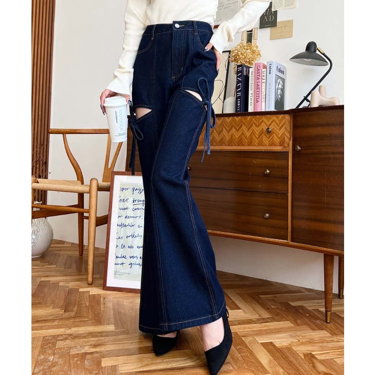 デニム＆ツイルカットアウトリボンフレアパンツ | moment+ | 詳細画像44 