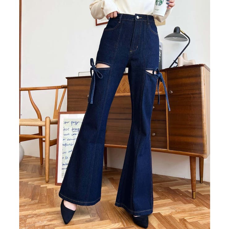 デニム＆ツイルカットアウトリボンフレアパンツ | moment+ | 詳細画像45 