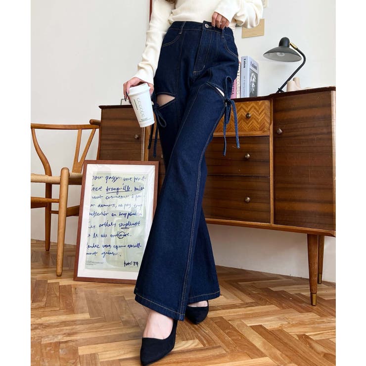 デニム＆ツイルカットアウトリボンフレアパンツ | moment+ | 詳細画像46 