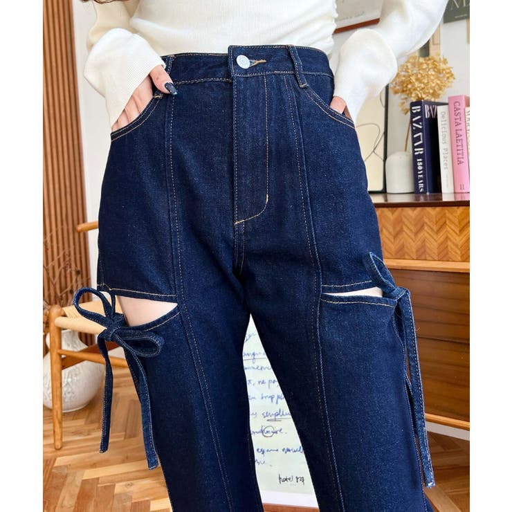 デニム＆ツイルカットアウトリボンフレアパンツ | moment+ | 詳細画像47 