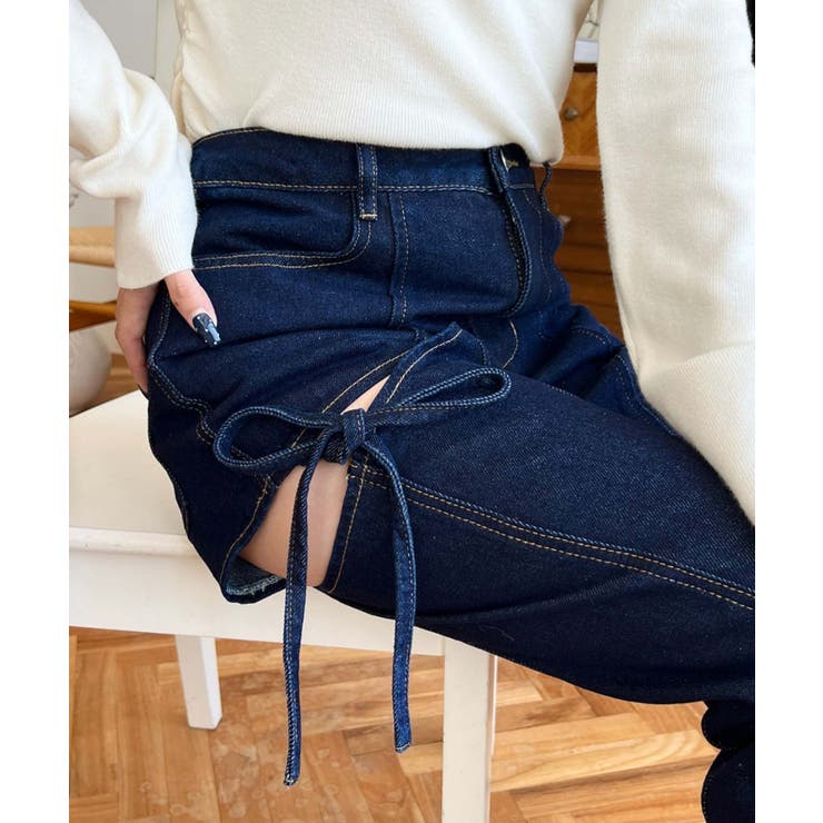 デニム＆ツイルカットアウトリボンフレアパンツ | moment+ | 詳細画像48 