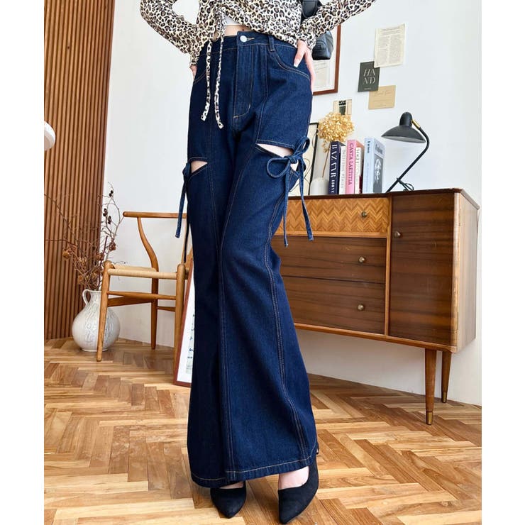 デニム＆ツイルカットアウトリボンフレアパンツ | moment+ | 詳細画像50 