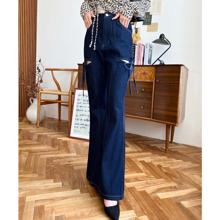 デニム＆ツイルカットアウトリボンフレアパンツ | moment+ | 詳細画像54 