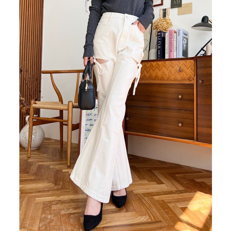 デニム＆ツイルカットアウトリボンフレアパンツ | moment+ | 詳細画像6 