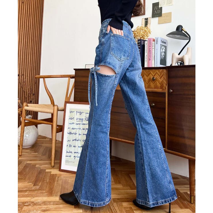 デニム＆ツイルカットアウトリボンフレアパンツ[品番