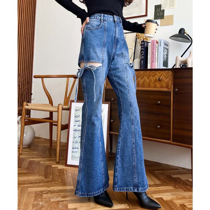 デニム＆ツイルカットアウトリボンフレアパンツ | moment+ | 詳細画像61 