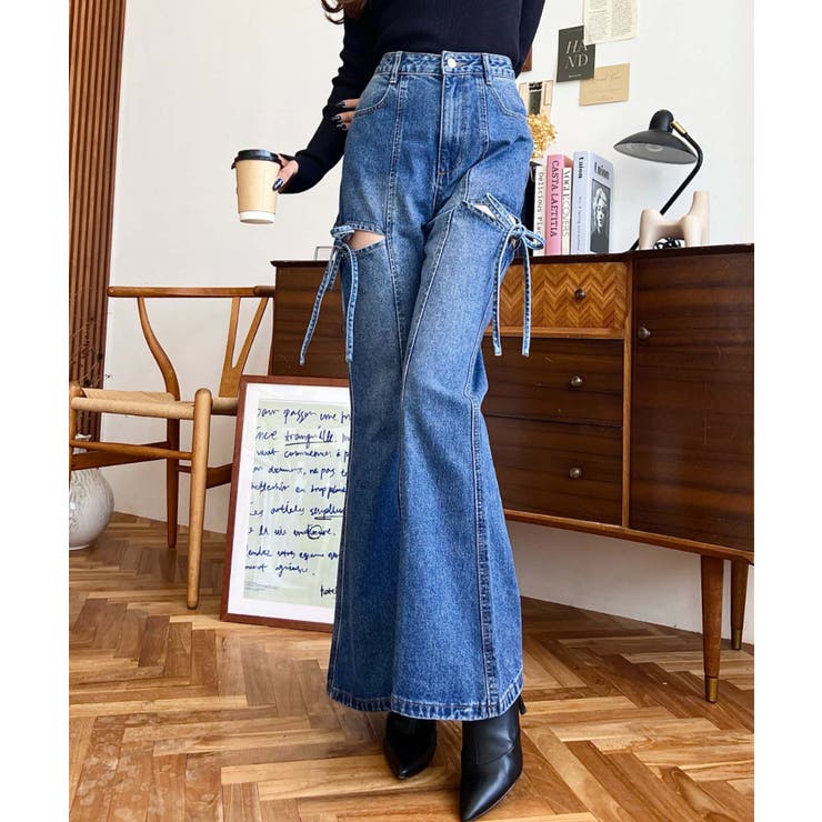 デニム＆ツイルカットアウトリボンフレアパンツ | moment+ | 詳細画像62 