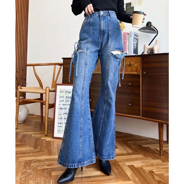 デニム＆ツイルカットアウトリボンフレアパンツ | moment+ | 詳細画像63 