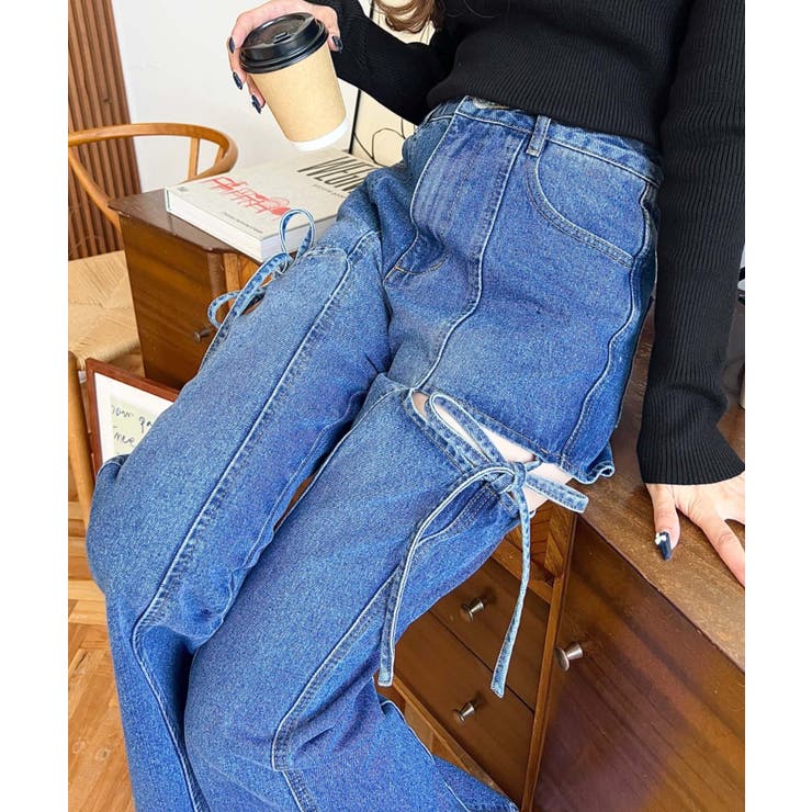 デニム＆ツイルカットアウトリボンフレアパンツ | moment+ | 詳細画像64 