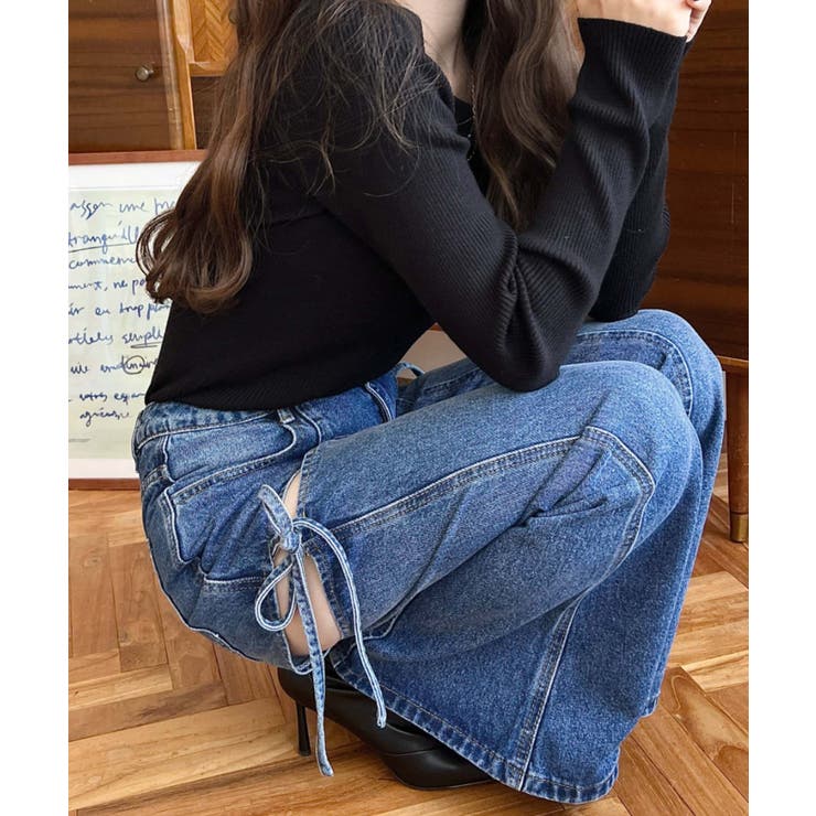 デニム＆ツイルカットアウトリボンフレアパンツ | moment+ | 詳細画像67 