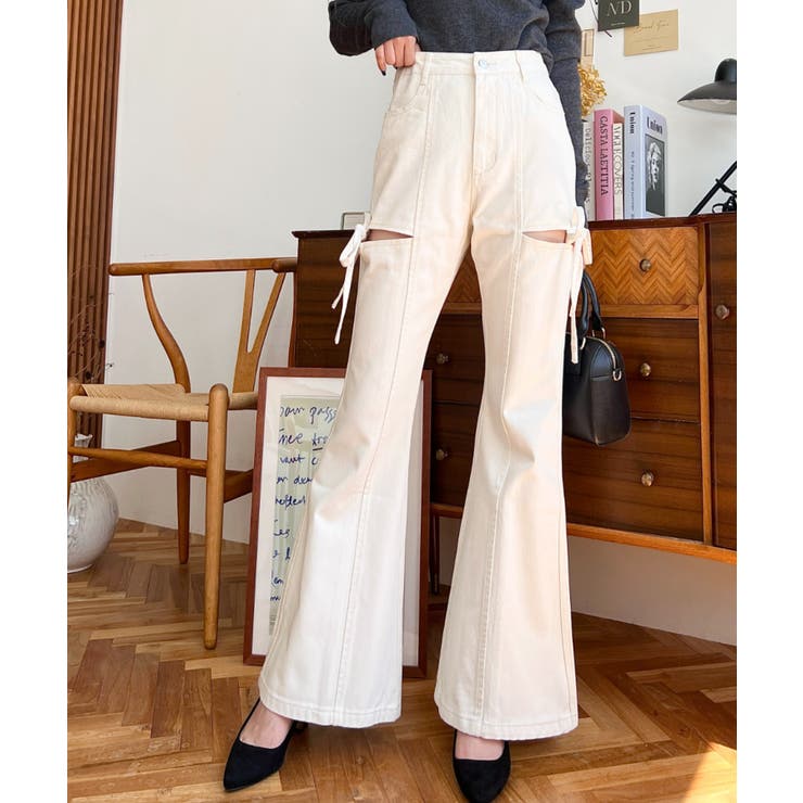 デニム＆ツイルカットアウトリボンフレアパンツ | moment+ | 詳細画像7 