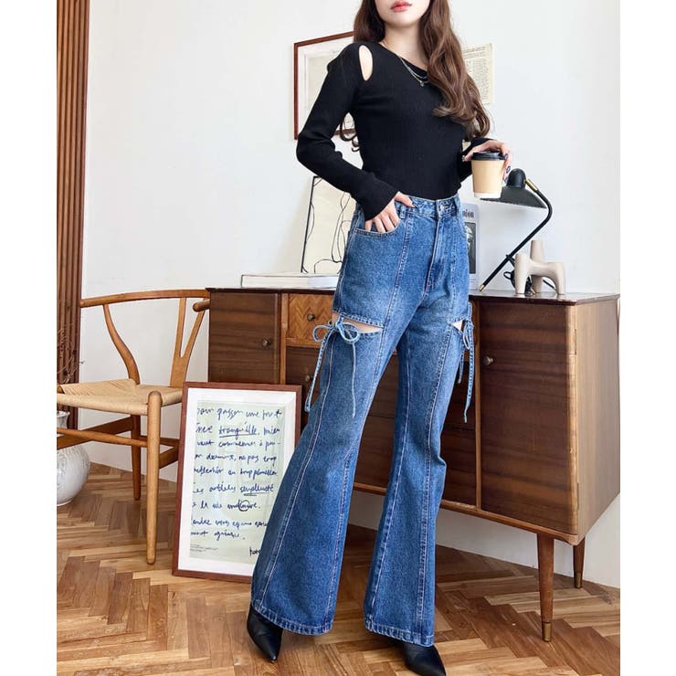 デニム＆ツイルカットアウトリボンフレアパンツ | moment+ | 詳細画像71 