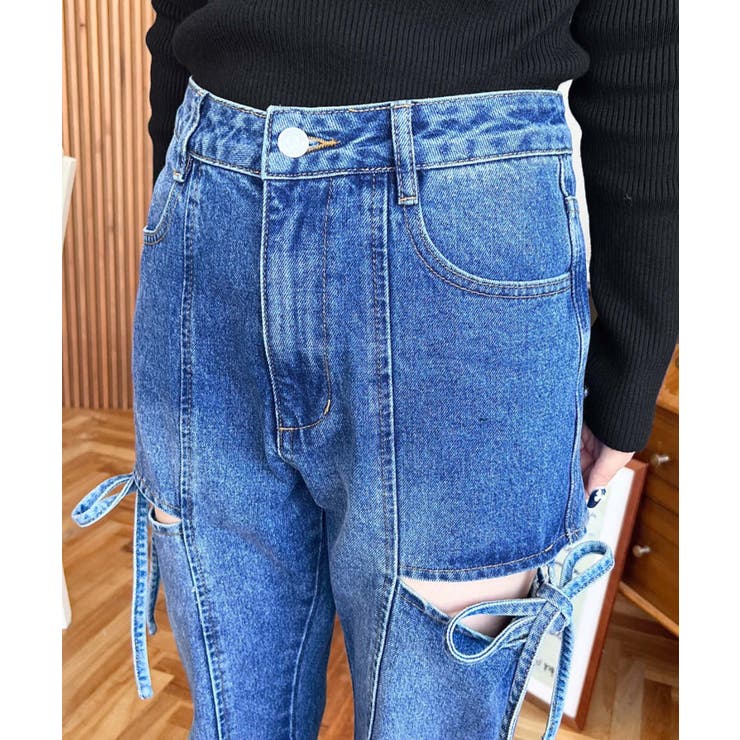 デニム＆ツイルカットアウトリボンフレアパンツ | moment+ | 詳細画像73 