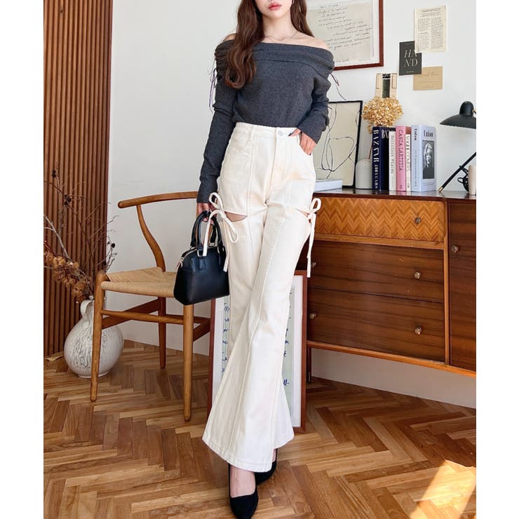 デニム＆ツイルカットアウトリボンフレアパンツ | moment+ | 詳細画像8 