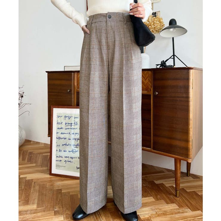 ブラウン | センタープレスツータックセミワイドチェックパンツ | moment+