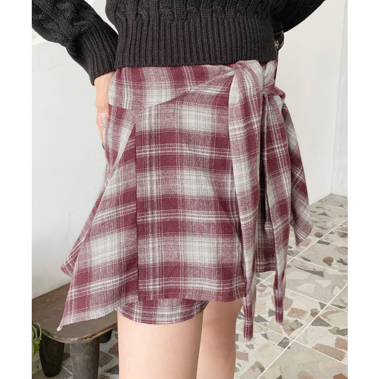 ラップスカート風チェック柄ショートパンツ[品番：ERMW0004101