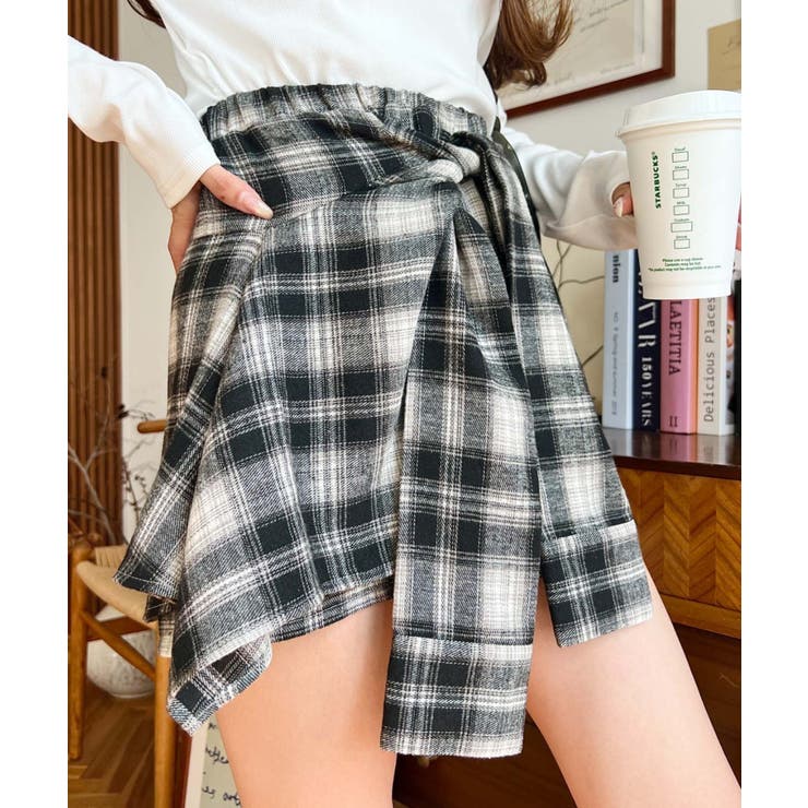 ラップスカート風チェック柄ショートパンツ[品番：ERMW0004101
