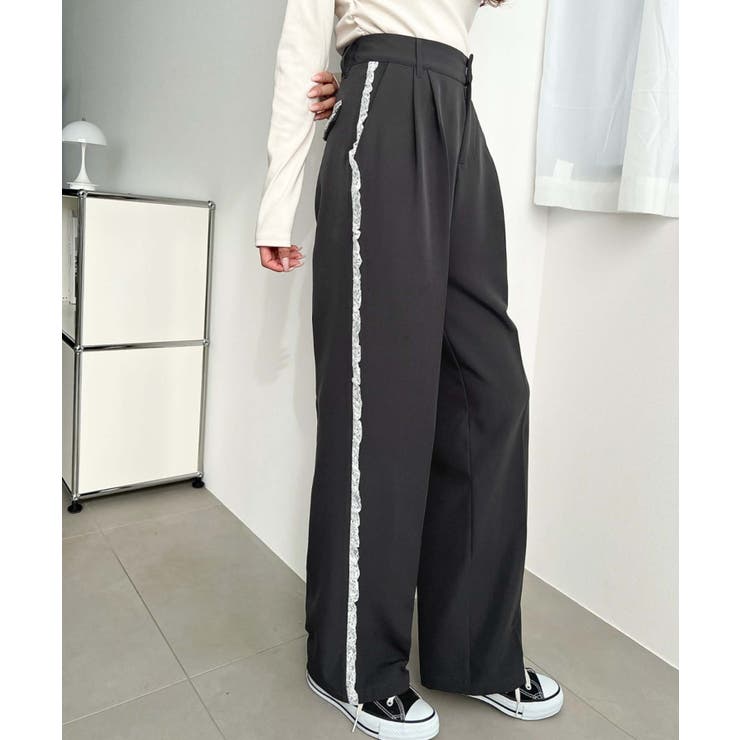 サイドレースハイウエストツータックセミワイドスラックスパンツ | moment+ | 詳細画像33 