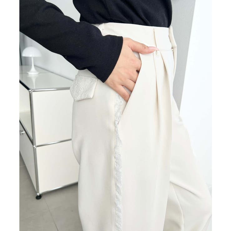 サイドレースハイウエストツータックセミワイドスラックスパンツ | moment+ | 詳細画像6 