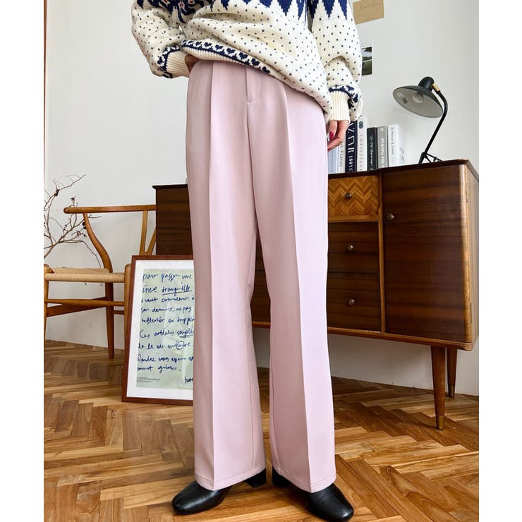 ピンクベージュ | カットジョーゼットセンタープレスストレートスラックスパンツ | moment+