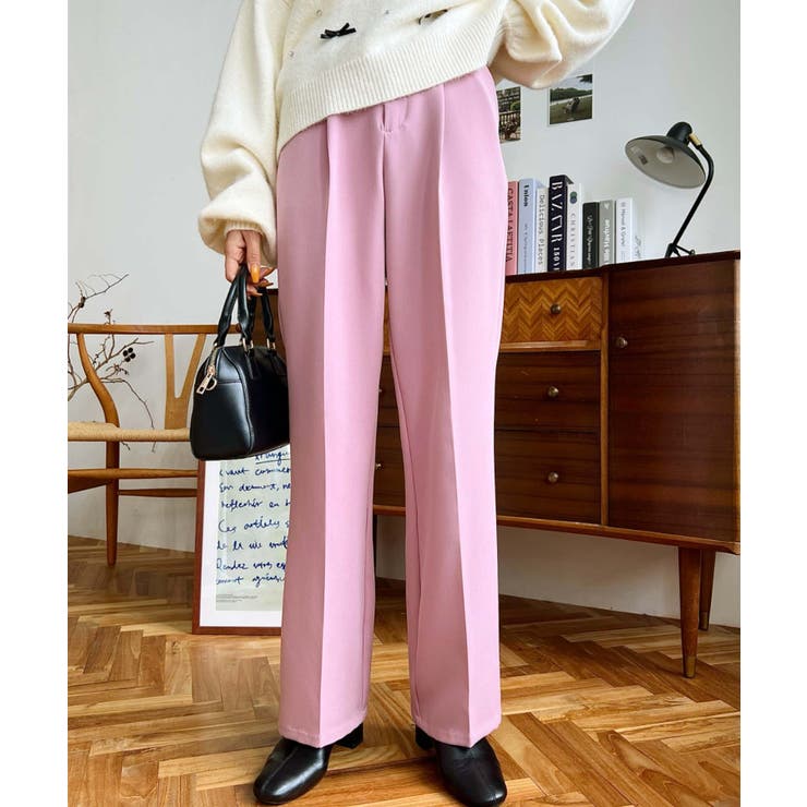 スモークピンク | カットジョーゼットセンタープレスストレートスラックスパンツ | moment+