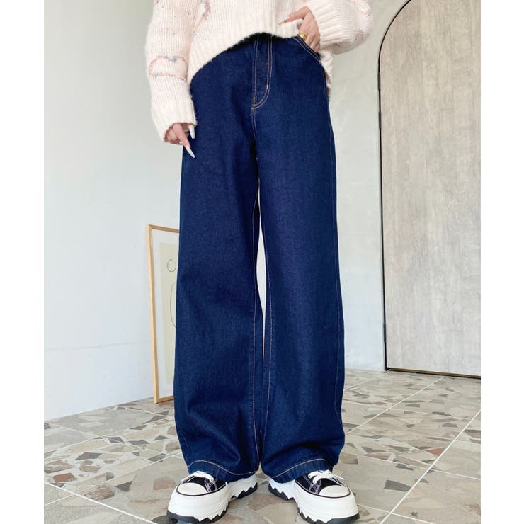 インディゴブルー | デニム＆ツイルハイウェストストレートパンツ | moment+