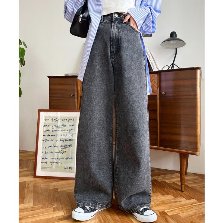 ブラック系その他 | デニム＆ツイルハイウェストストレートパンツ | moment+