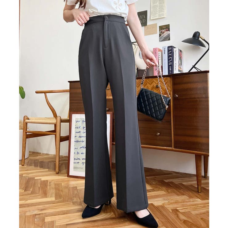 センタープレスフレアスラックスパンツ カットジョーゼット[品番