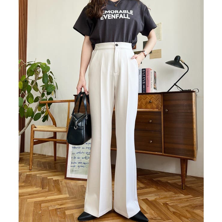 センタープレスフレアスラックスパンツ カットジョーゼット[品番