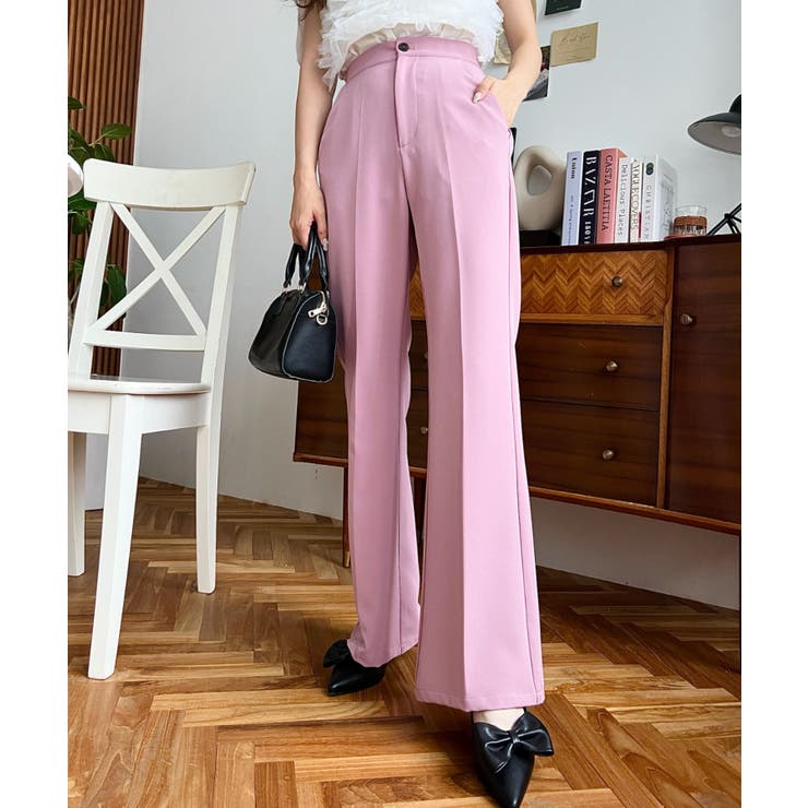 センタープレスフレアスラックスパンツ カットジョーゼット[品番