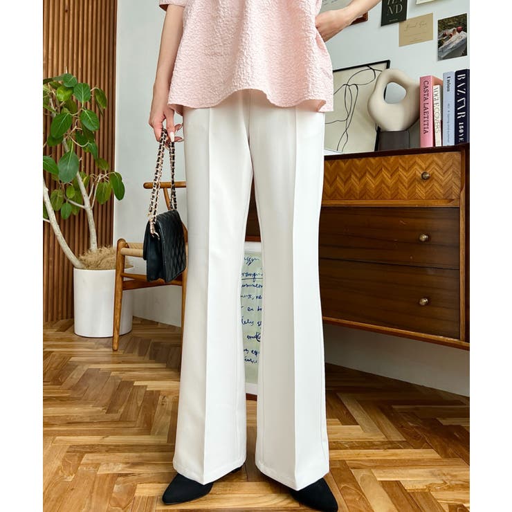 センタープレスフレアスラックスパンツ カットジョーゼット[品番