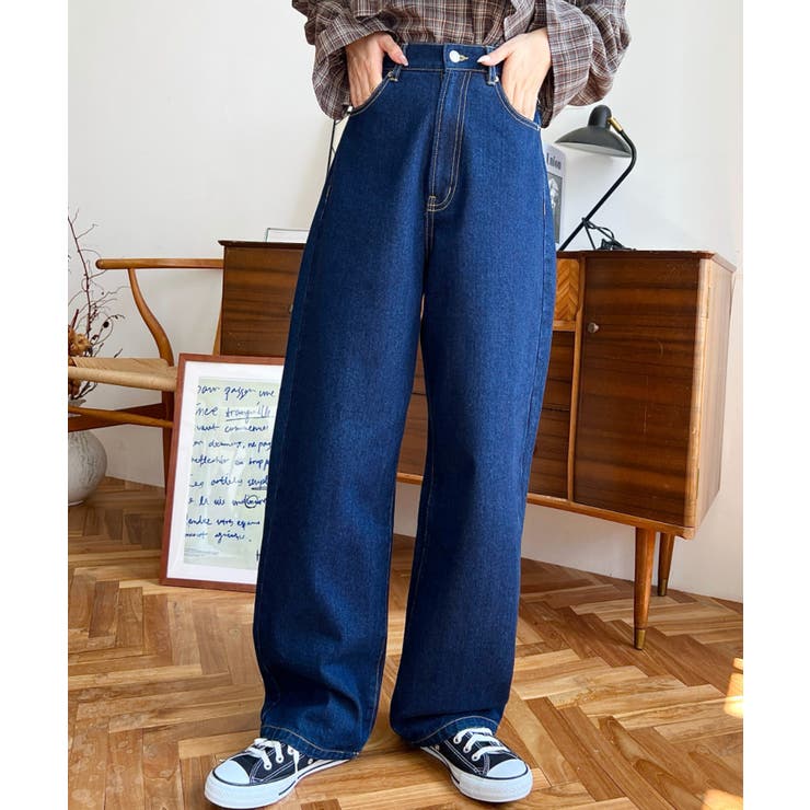 インディゴブルー | デニム＆ツイルストレートパンツ | moment+