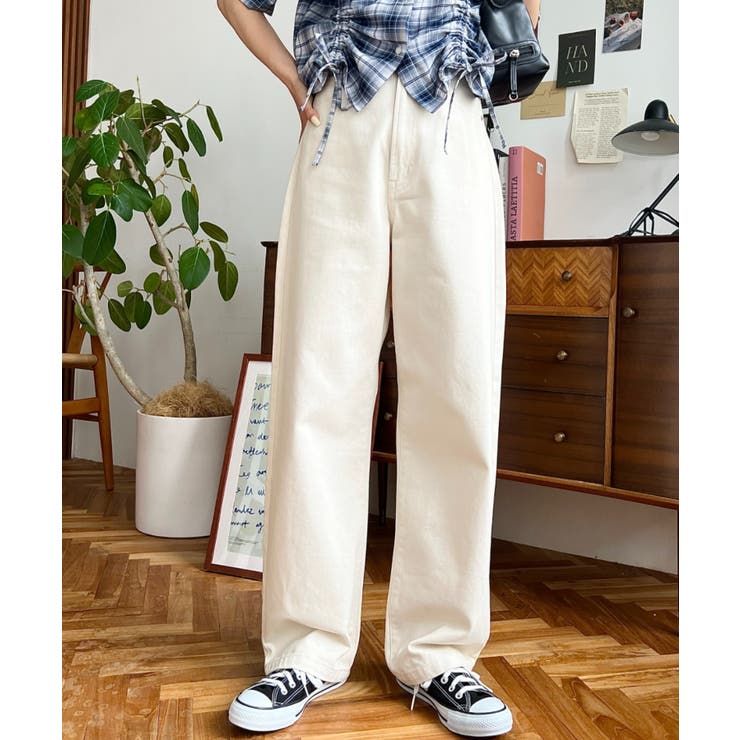 moaさん専用 まとめ買い(チェックポロシャツ＆ストレートデニムパンツ) mp12773-Accordion Jacquard Denim Wide Straight Pants ワイド